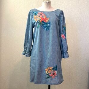 Medium chambray striped dress. EUC. Embroidery and sequin detail